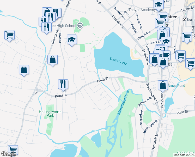 map of restaurants, bars, coffee shops, grocery stores, and more near 4 Royal Lake Drive in Braintree