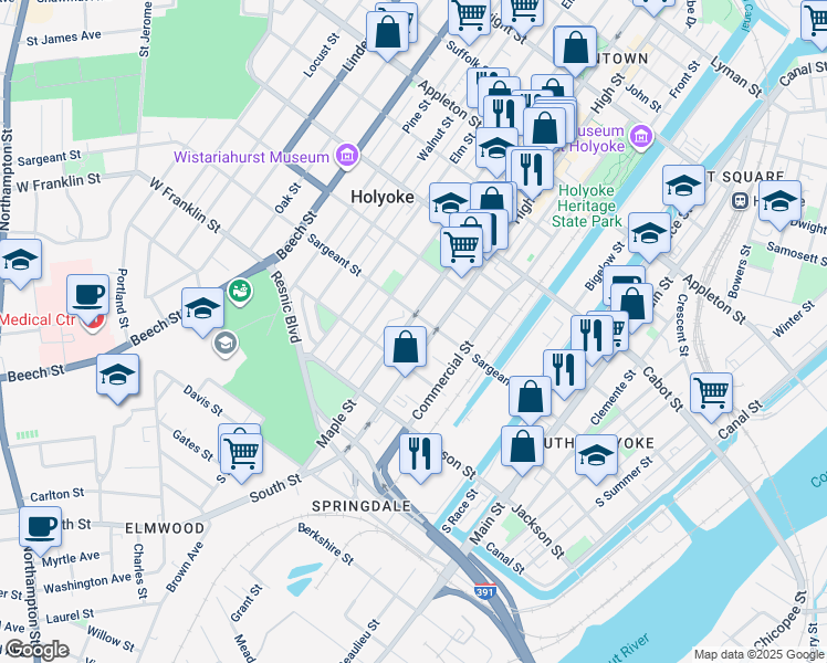 map of restaurants, bars, coffee shops, grocery stores, and more near 129 Sargeant Street in Holyoke