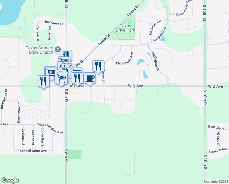 map of restaurants, bars, coffee shops, grocery stores, and more near 6631 West Q Avenue in Kalamazoo