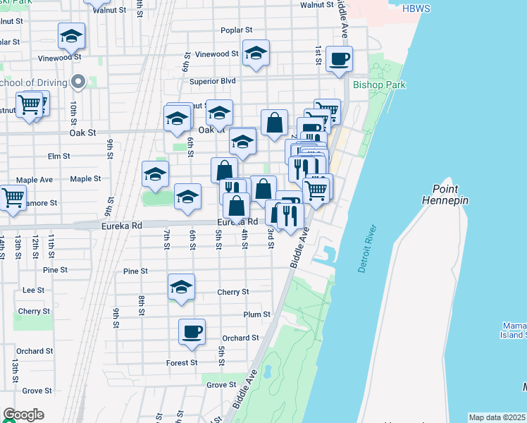 map of restaurants, bars, coffee shops, grocery stores, and more near 345 Sycamore Street in Wyandotte