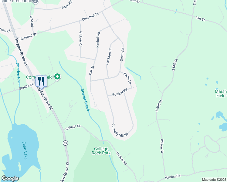 map of restaurants, bars, coffee shops, grocery stores, and more near 3 Bowker Road in Hopkinton