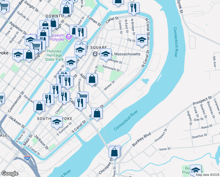 map of restaurants, bars, coffee shops, grocery stores, and more near 68 Winter Street in Holyoke