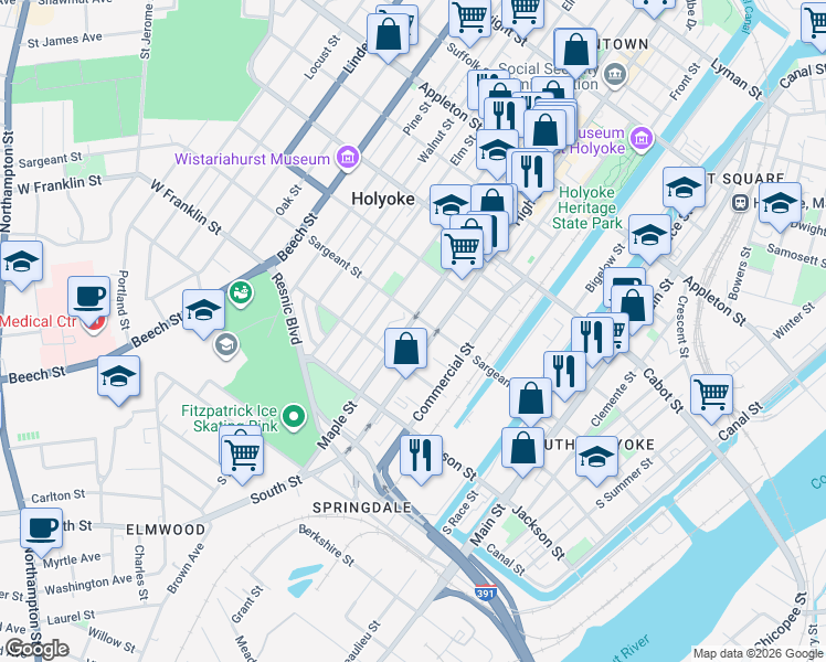 map of restaurants, bars, coffee shops, grocery stores, and more near 428 Maple Street in Holyoke