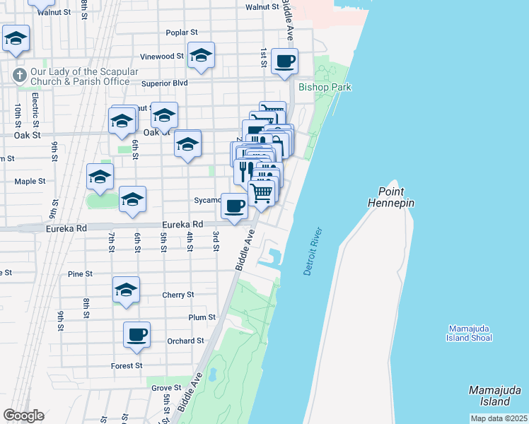 map of restaurants, bars, coffee shops, grocery stores, and more near 66 Sycamore Street in Wyandotte