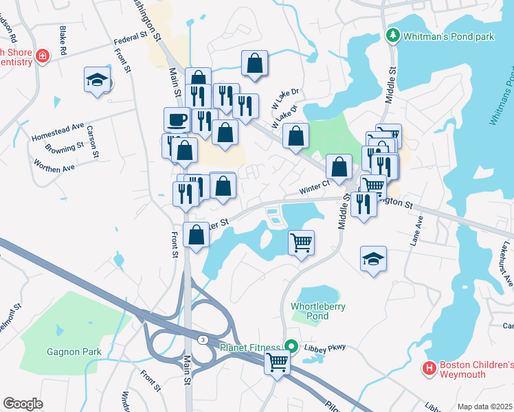 map of restaurants, bars, coffee shops, grocery stores, and more near 99 Winter Street in Weymouth