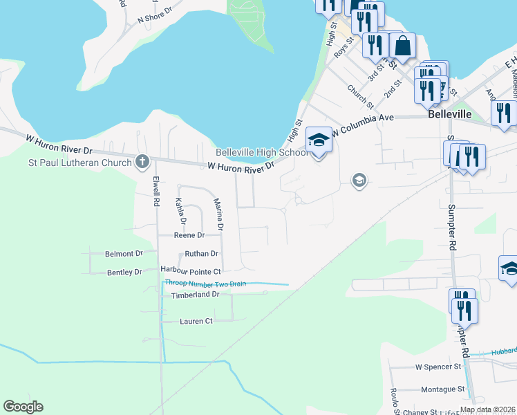 map of restaurants, bars, coffee shops, grocery stores, and more near Light Tower Drive in Belleville