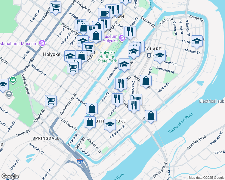 map of restaurants, bars, coffee shops, grocery stores, and more near 96 Cabot Street in Holyoke