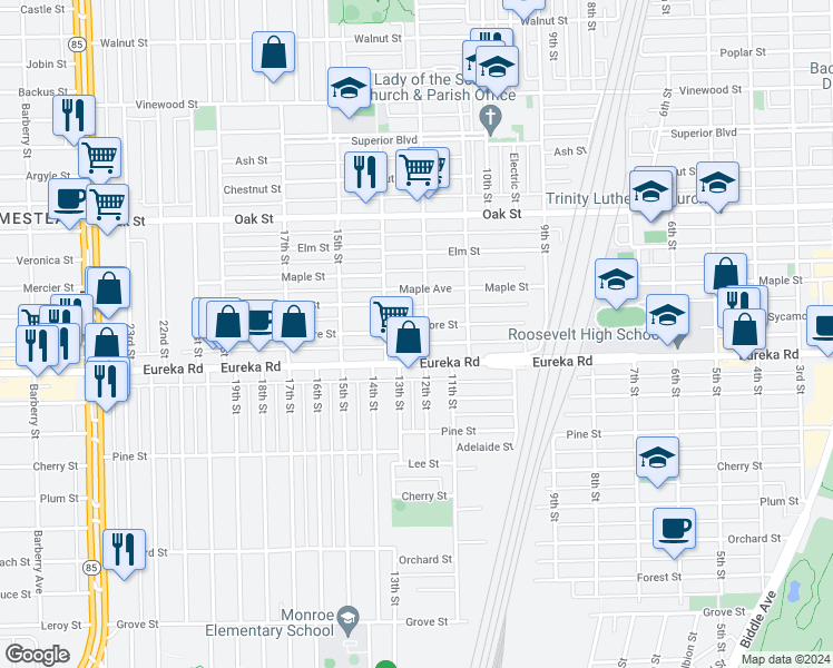 map of restaurants, bars, coffee shops, grocery stores, and more near 1204 Sycamore Street in Wyandotte