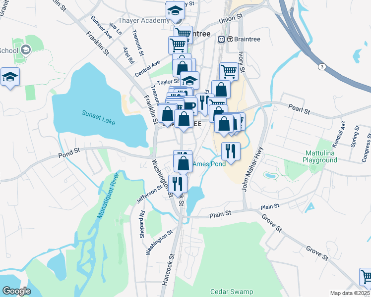 map of restaurants, bars, coffee shops, grocery stores, and more near 34 Hall Avenue in Braintree