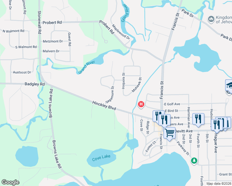 map of restaurants, bars, coffee shops, grocery stores, and more near 133 Sagamore Street in Jackson