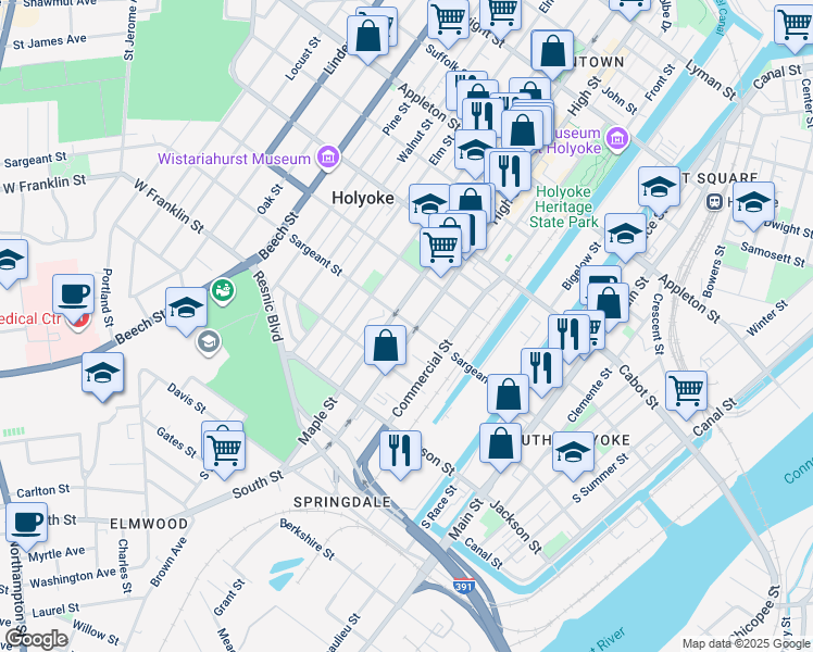 map of restaurants, bars, coffee shops, grocery stores, and more near 120 Sargeant Street in Holyoke