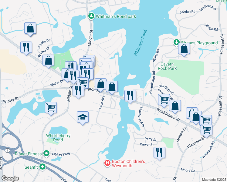 map of restaurants, bars, coffee shops, grocery stores, and more near 13 Seaver Road in Weymouth