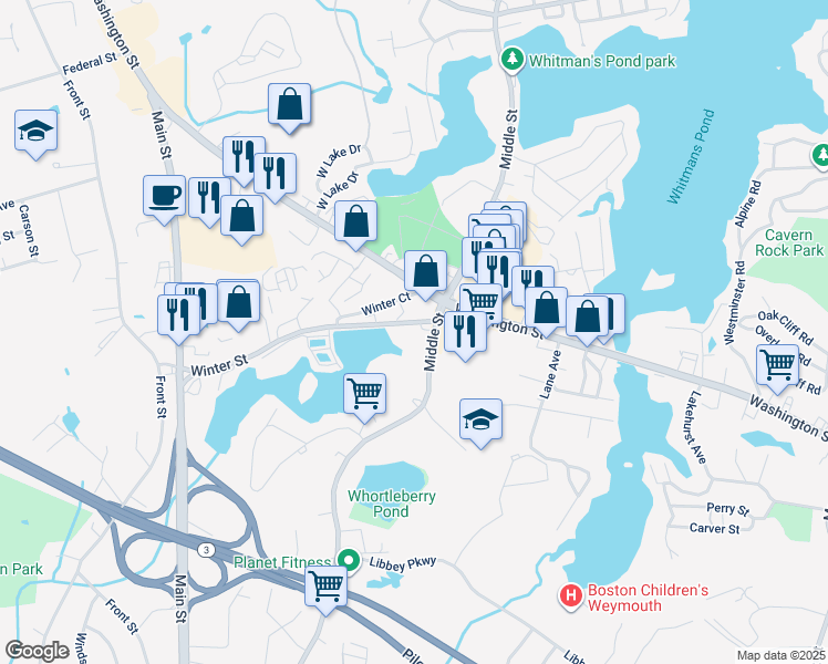 map of restaurants, bars, coffee shops, grocery stores, and more near 215 Winter Street in Weymouth