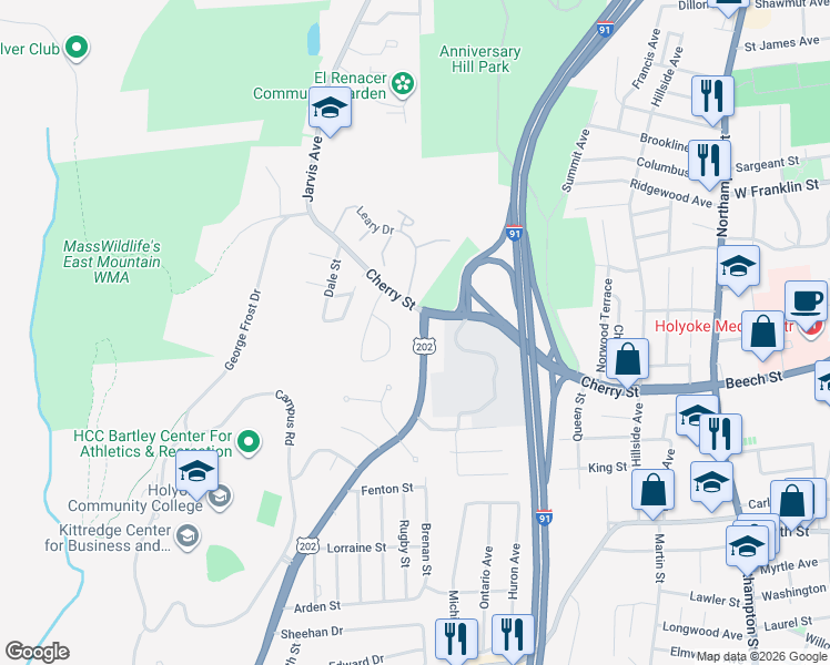 map of restaurants, bars, coffee shops, grocery stores, and more near 284 Cherry Street in Holyoke