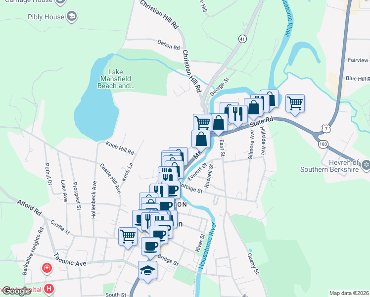 map of restaurants, bars, coffee shops, grocery stores, and more near 119 Railroad Avenue in Great Barrington