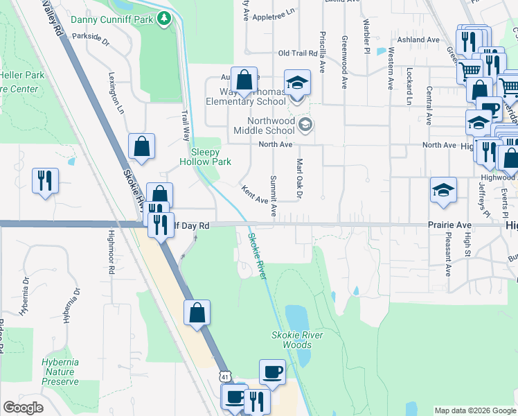 map of restaurants, bars, coffee shops, grocery stores, and more near 1100 Kent Avenue in Highland Park