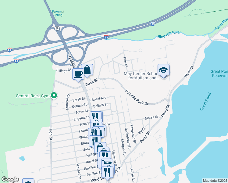 map of restaurants, bars, coffee shops, grocery stores, and more near 68 Collins Avenue in Randolph
