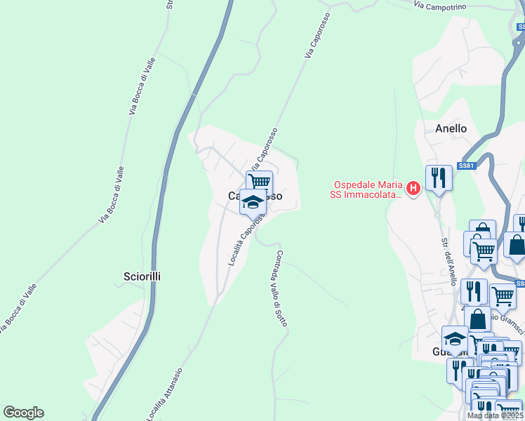 map of restaurants, bars, coffee shops, grocery stores, and more near 71 Località Caporosso in Caporosso