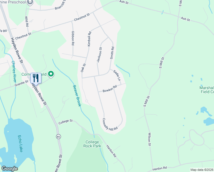 map of restaurants, bars, coffee shops, grocery stores, and more near 33 Smith Road in Hopkinton
