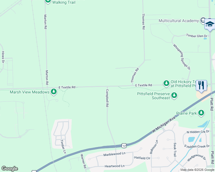 map of restaurants, bars, coffee shops, grocery stores, and more near 1125-2299 East Textile Road in Ann Arbor
