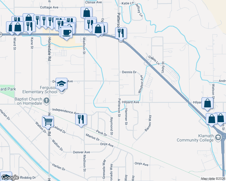 map of restaurants, bars, coffee shops, grocery stores, and more near 2828 Patterson Street in Klamath Falls