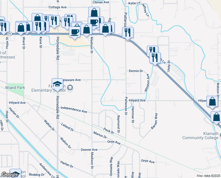 map of restaurants, bars, coffee shops, grocery stores, and more near 5940 Delaware Avenue in Klamath Falls