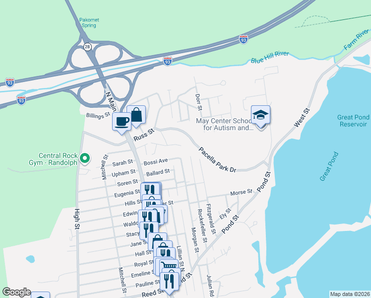 map of restaurants, bars, coffee shops, grocery stores, and more near 68 Collins Avenue in Randolph
