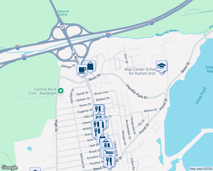 map of restaurants, bars, coffee shops, grocery stores, and more near 14 Lavally Road in Randolph