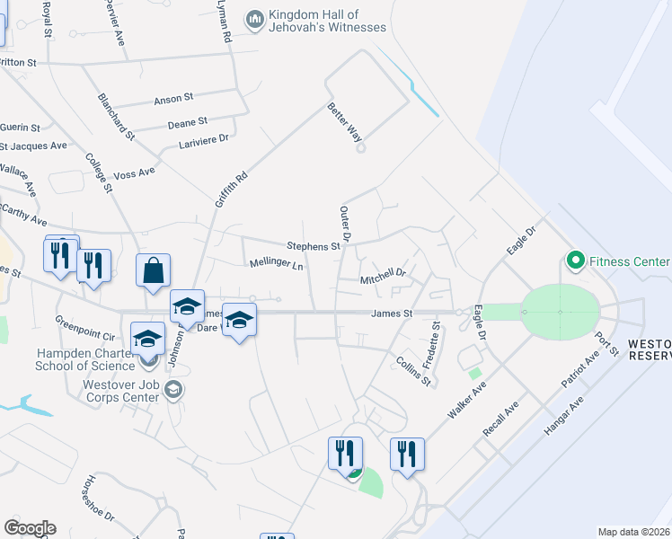 map of restaurants, bars, coffee shops, grocery stores, and more near 12 Stephens Street in Chicopee