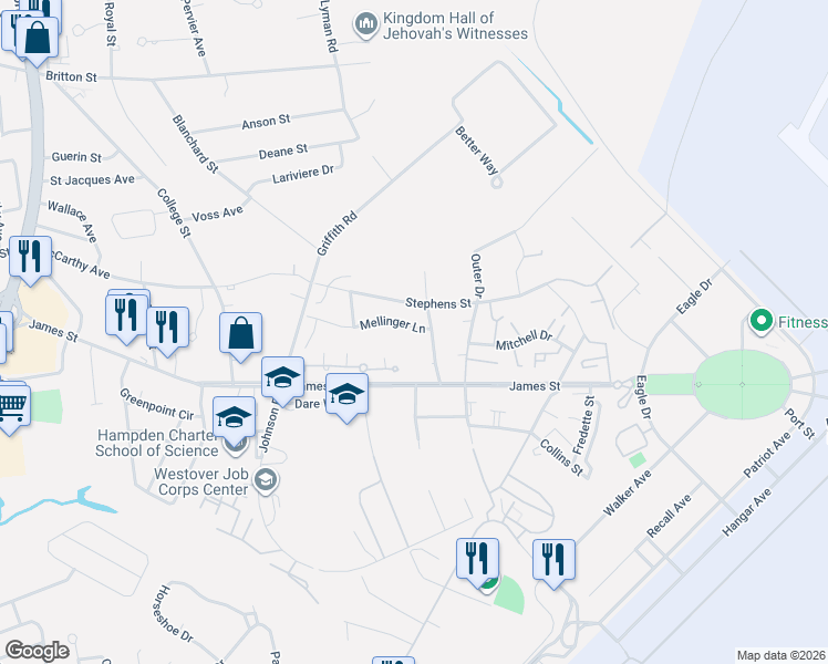 map of restaurants, bars, coffee shops, grocery stores, and more near 7 Mellinger Lane in Chicopee