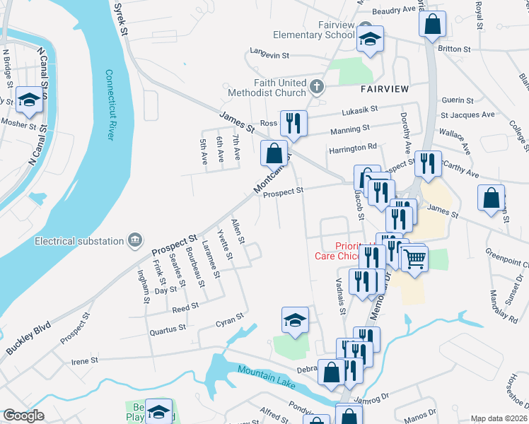 map of restaurants, bars, coffee shops, grocery stores, and more near 7 Willow Street in Chicopee