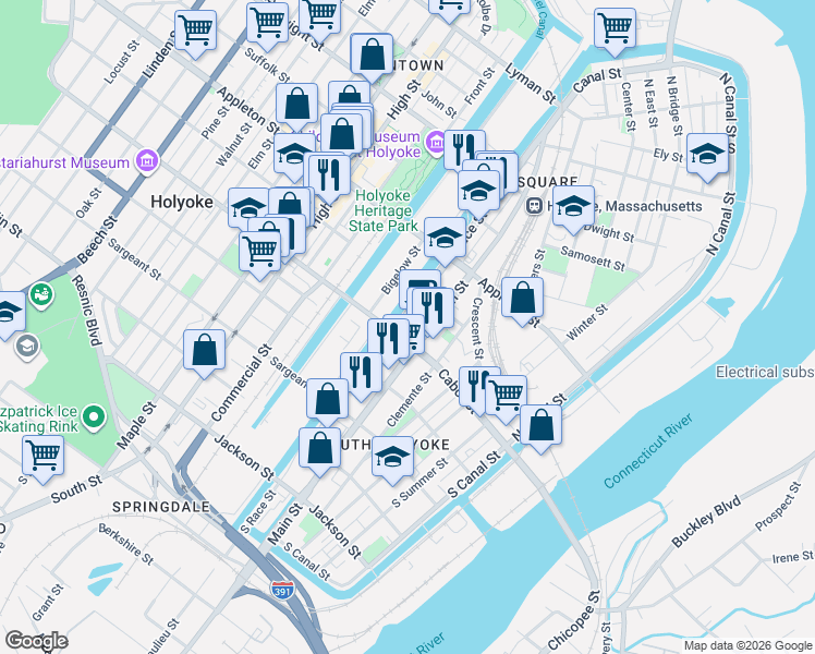 map of restaurants, bars, coffee shops, grocery stores, and more near 96 Cabot Street in Holyoke