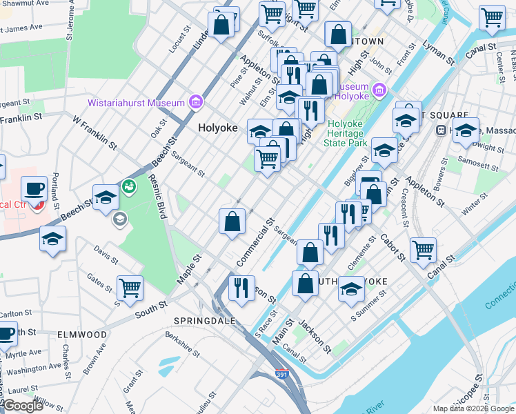 map of restaurants, bars, coffee shops, grocery stores, and more near 644 High Street in Holyoke