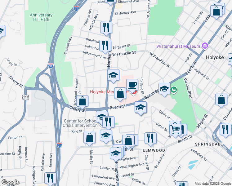 map of restaurants, bars, coffee shops, grocery stores, and more near 35 Isabella Street in Holyoke