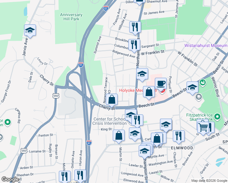 map of restaurants, bars, coffee shops, grocery stores, and more near 24 Cherry Hill in Holyoke