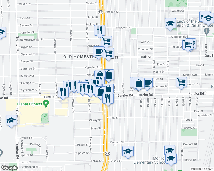 map of restaurants, bars, coffee shops, grocery stores, and more near 3171 Michigan 85 in Wyandotte