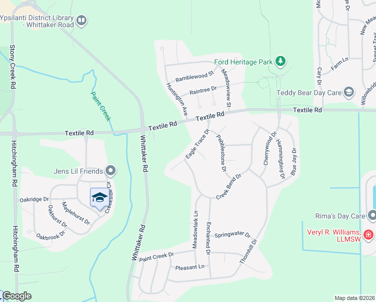 map of restaurants, bars, coffee shops, grocery stores, and more near 6114 Eagle Trace Drive in Ypsilanti