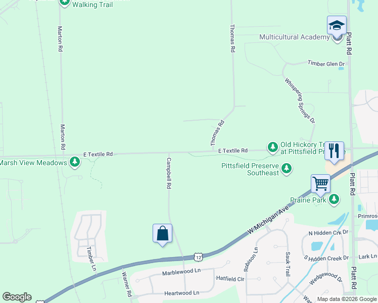 map of restaurants, bars, coffee shops, grocery stores, and more near 2345 East Textile Road in Ann Arbor