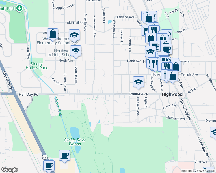 map of restaurants, bars, coffee shops, grocery stores, and more near 2662 Western Avenue in Highland Park
