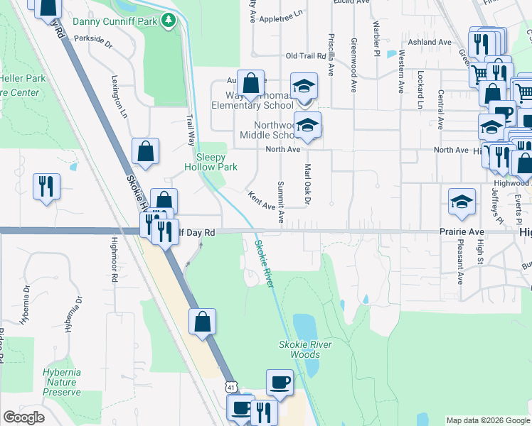 map of restaurants, bars, coffee shops, grocery stores, and more near 1100 Kent Avenue in Highland Park