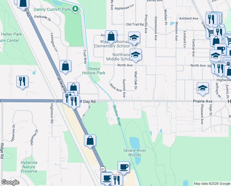 map of restaurants, bars, coffee shops, grocery stores, and more near 1100 Kent Avenue in Highland Park
