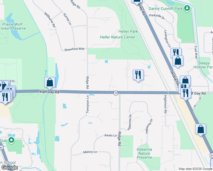 map of restaurants, bars, coffee shops, grocery stores, and more near 2600 Bentley Road in Highland Park
