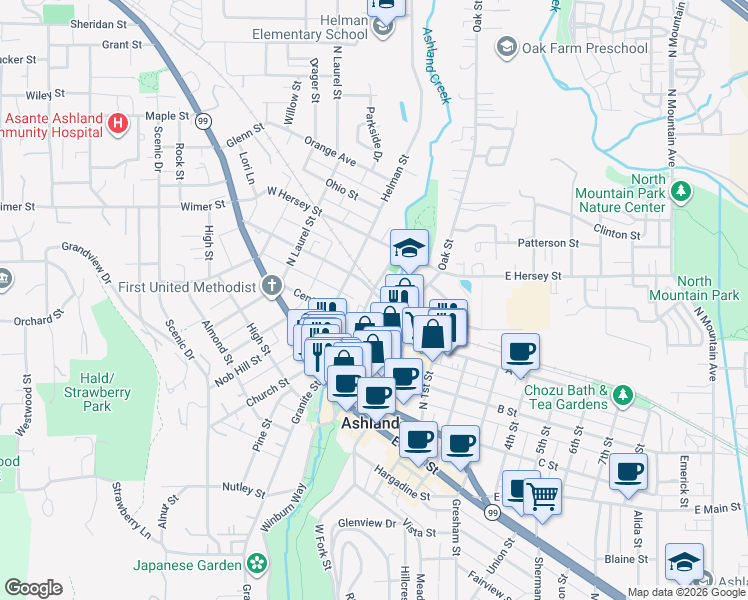 map of restaurants, bars, coffee shops, grocery stores, and more near 40 Van Ness Avenue in Ashland
