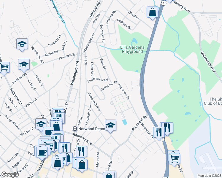 map of restaurants, bars, coffee shops, grocery stores, and more near 18 Jefferson Drive in Norwood