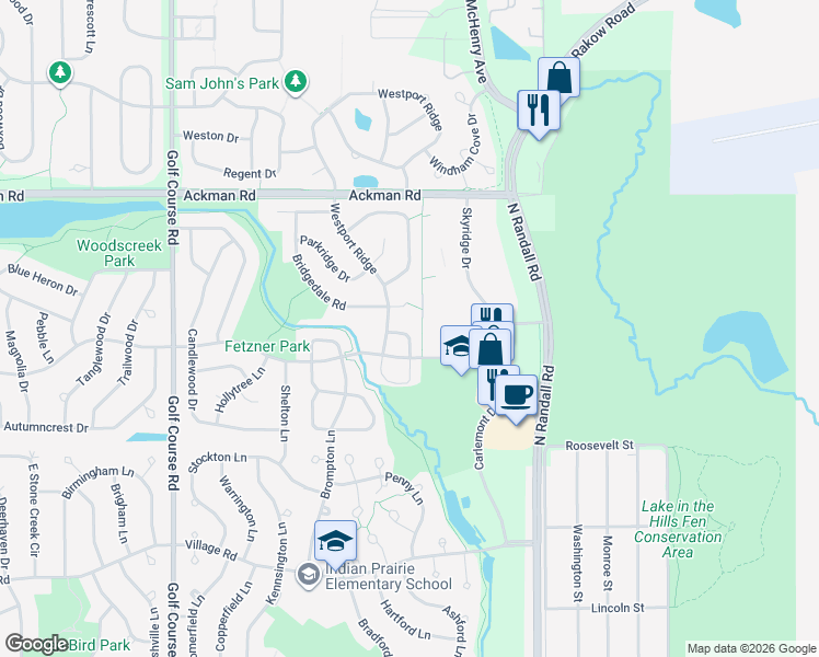 map of restaurants, bars, coffee shops, grocery stores, and more near 1500 Bridgedale Court in Crystal Lake