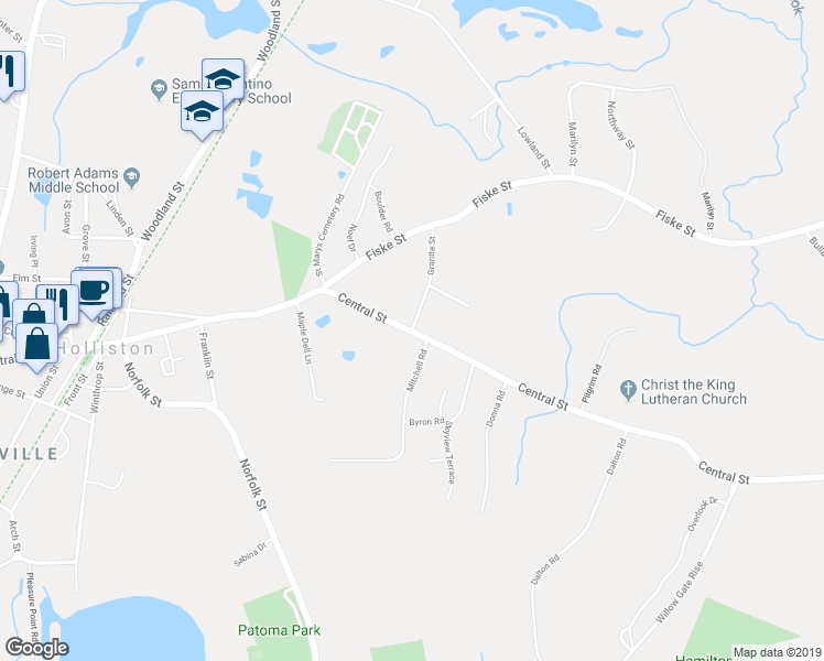 map of restaurants, bars, coffee shops, grocery stores, and more near 2 Granite Street in Holliston