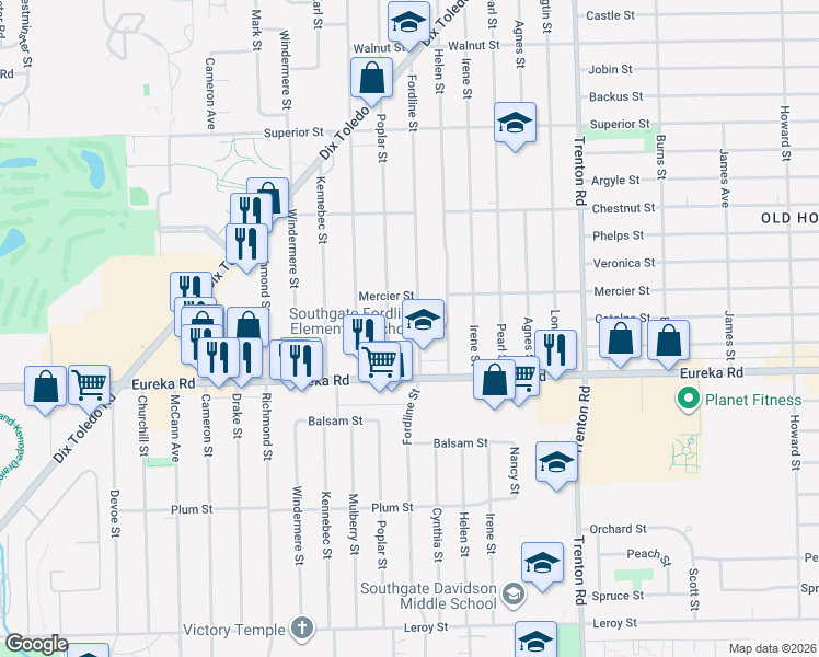 map of restaurants, bars, coffee shops, grocery stores, and more near 14739 Poplar Street in Southgate