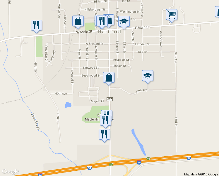 map of restaurants, bars, coffee shops, grocery stores, and more near 525 S Center St in Hartford