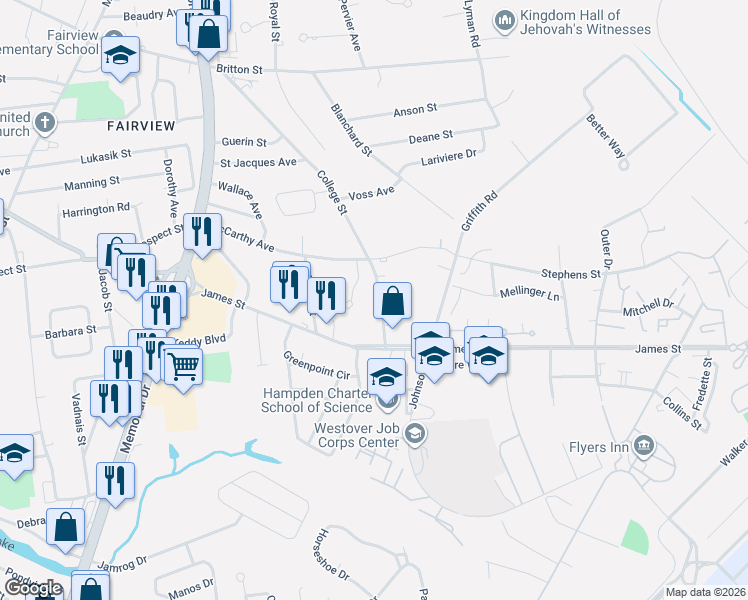 map of restaurants, bars, coffee shops, grocery stores, and more near 303 College Street in Chicopee