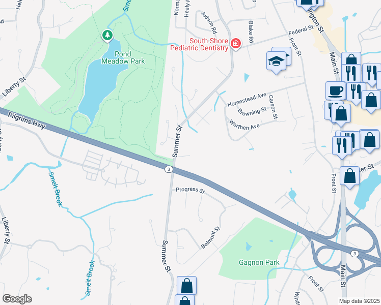 map of restaurants, bars, coffee shops, grocery stores, and more near 384R Summer Street in Weymouth